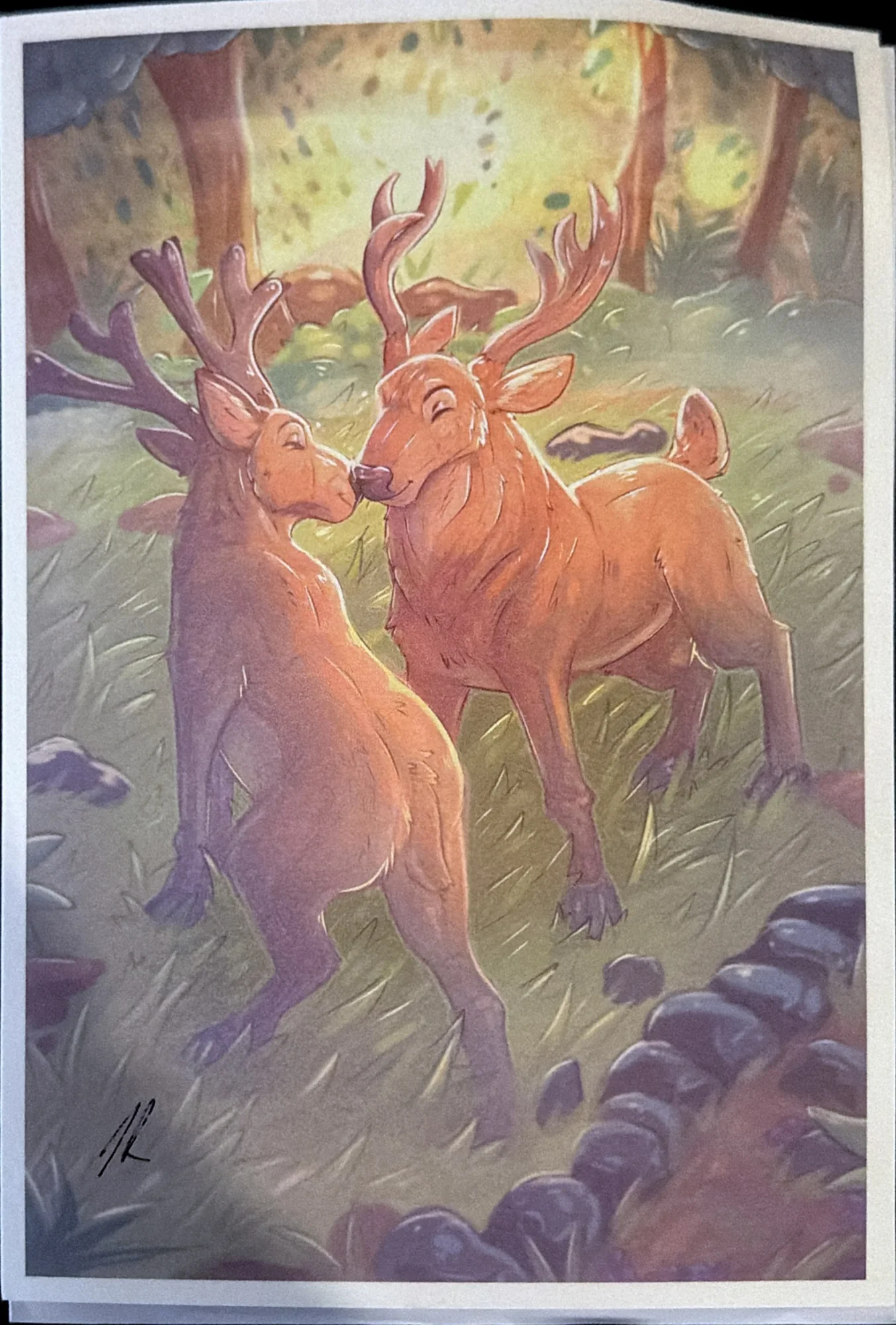 Painted illustration of two red deer stags nuzzling in a sunlit forest clearing.