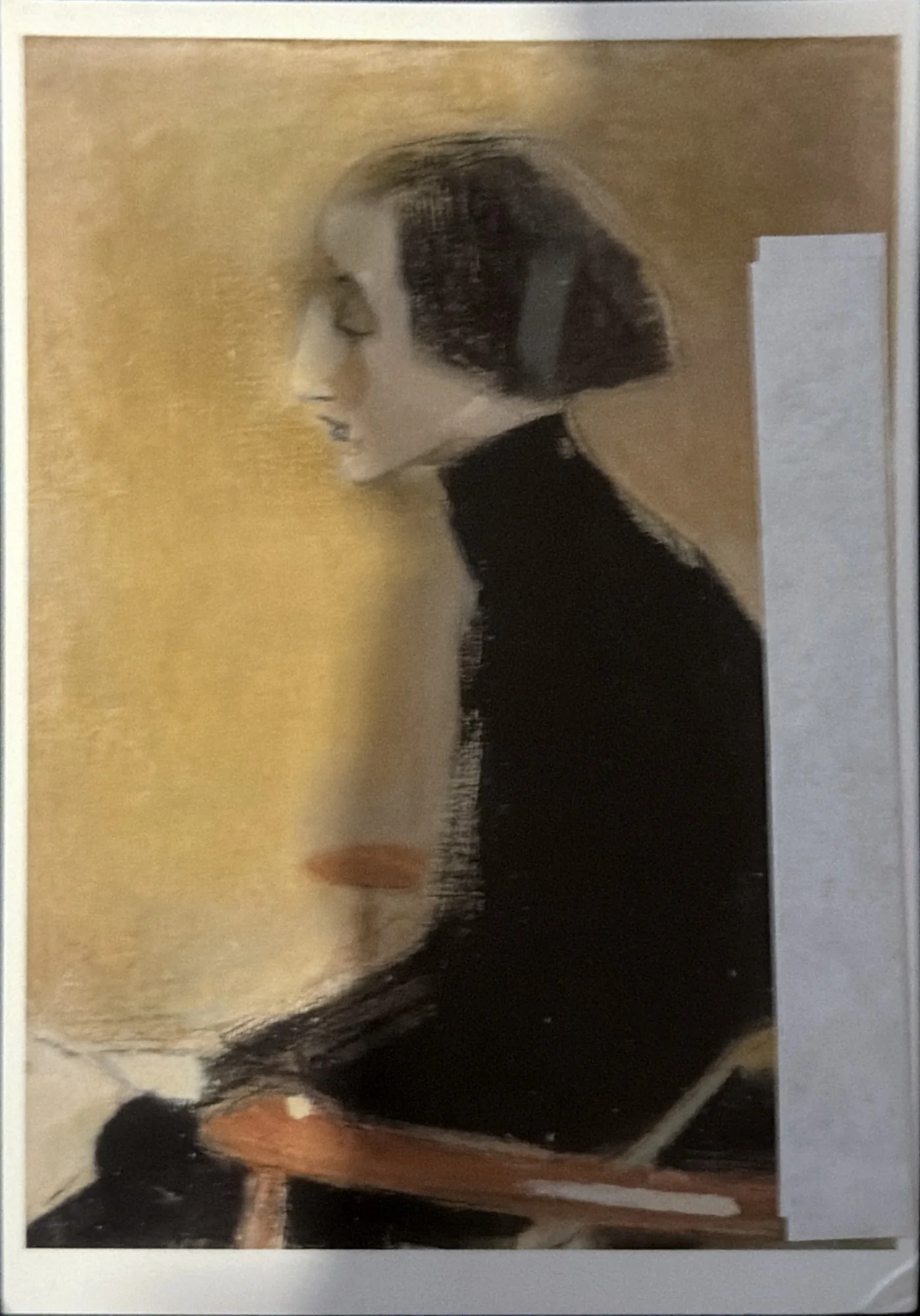 Painting of a woman in a high-necked black dress seated in profile against an ochre wall.