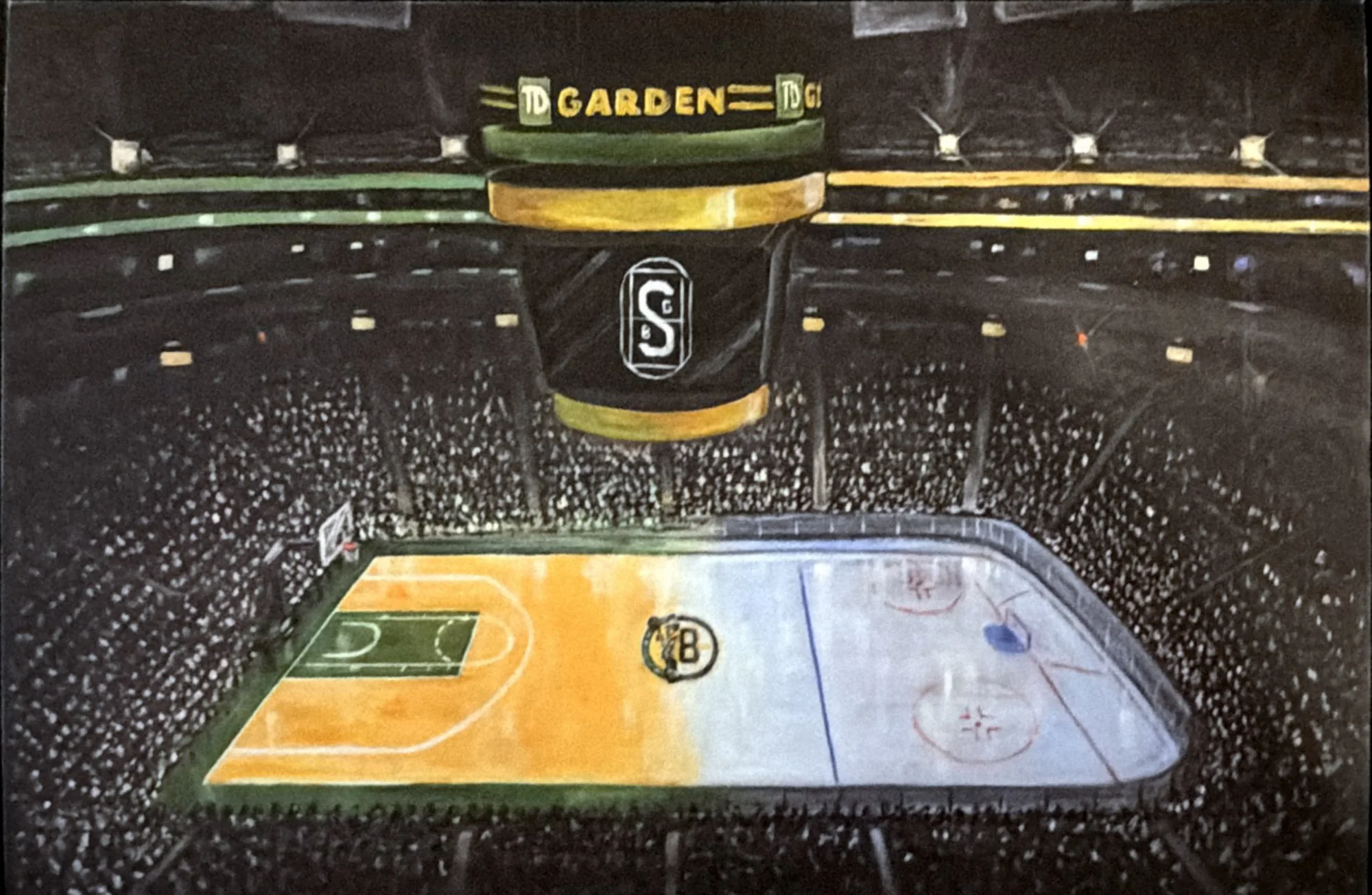 Painting of the TD Garden bowl from above, the floor half Celtics parquet and half Bruins ice, under the scoreboard.