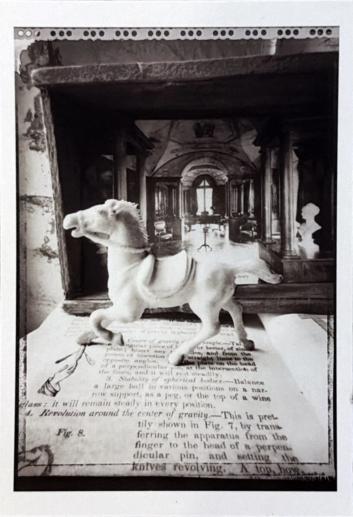 Black and white photograph of a white toy horse standing on an open old book, an engraved library interior behind it.