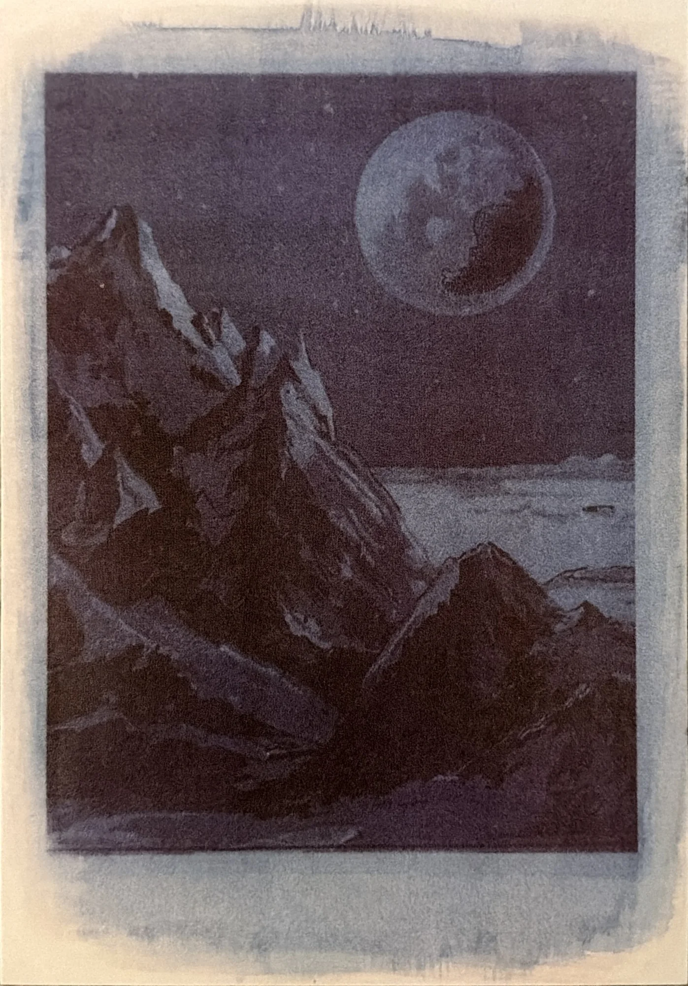 Purple-toned print of jagged mountains under a large moon, with brushed edges.