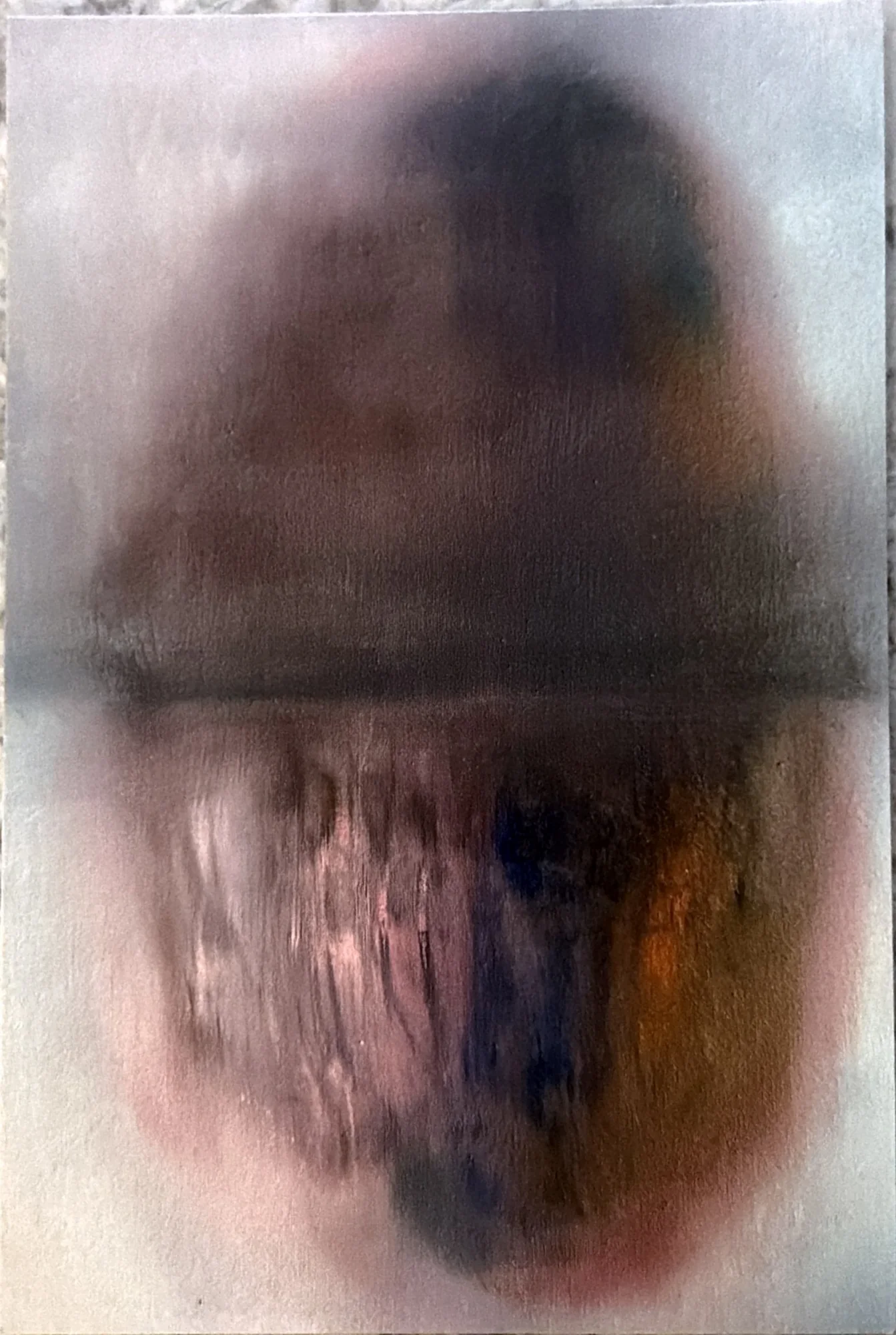 Soft-edged abstract painting of a dark mound mirrored above and below a horizontal line, in browns, pinks and blues.