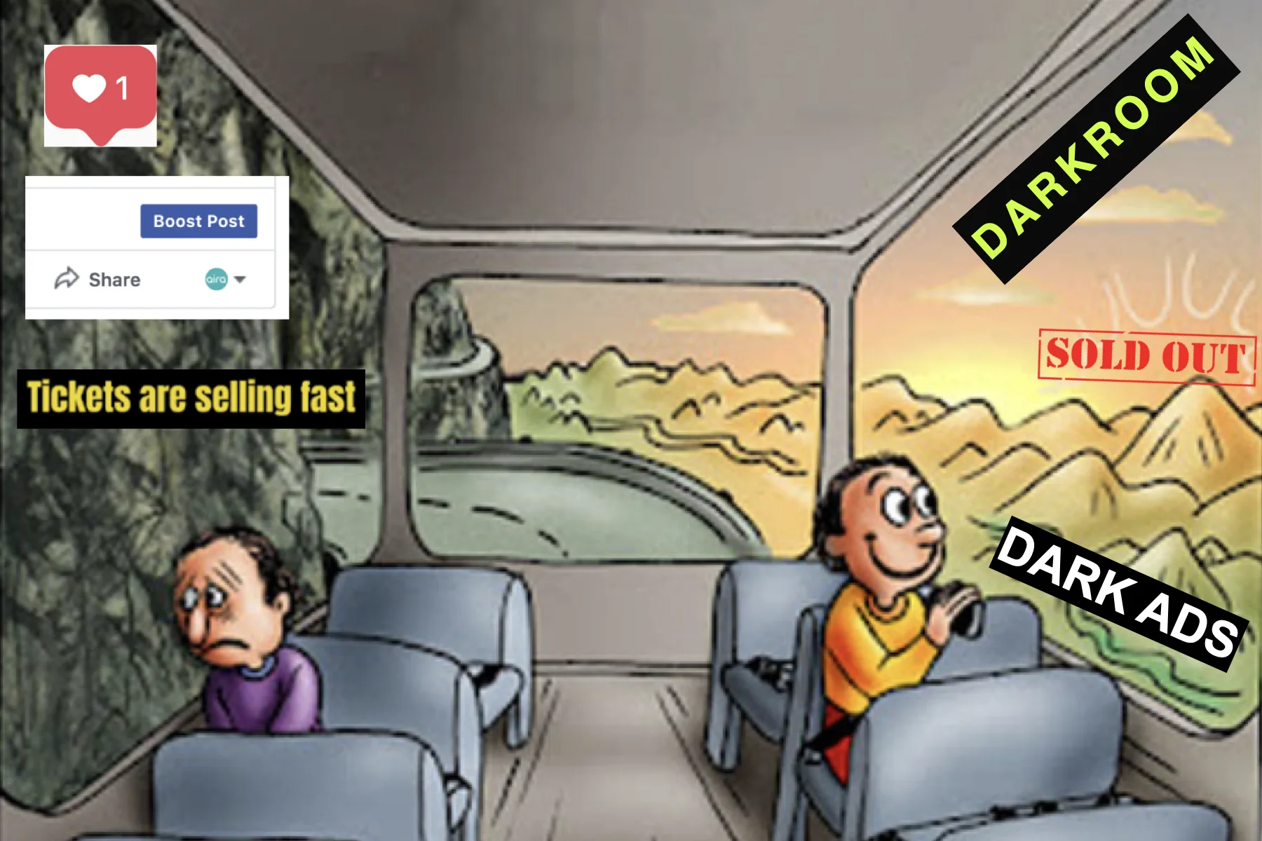Two-seat bus comic. The window labeled Boost Post faces a rock wall; the one labeled Dark Ads faces mountains and a SOLD OUT stamp.
