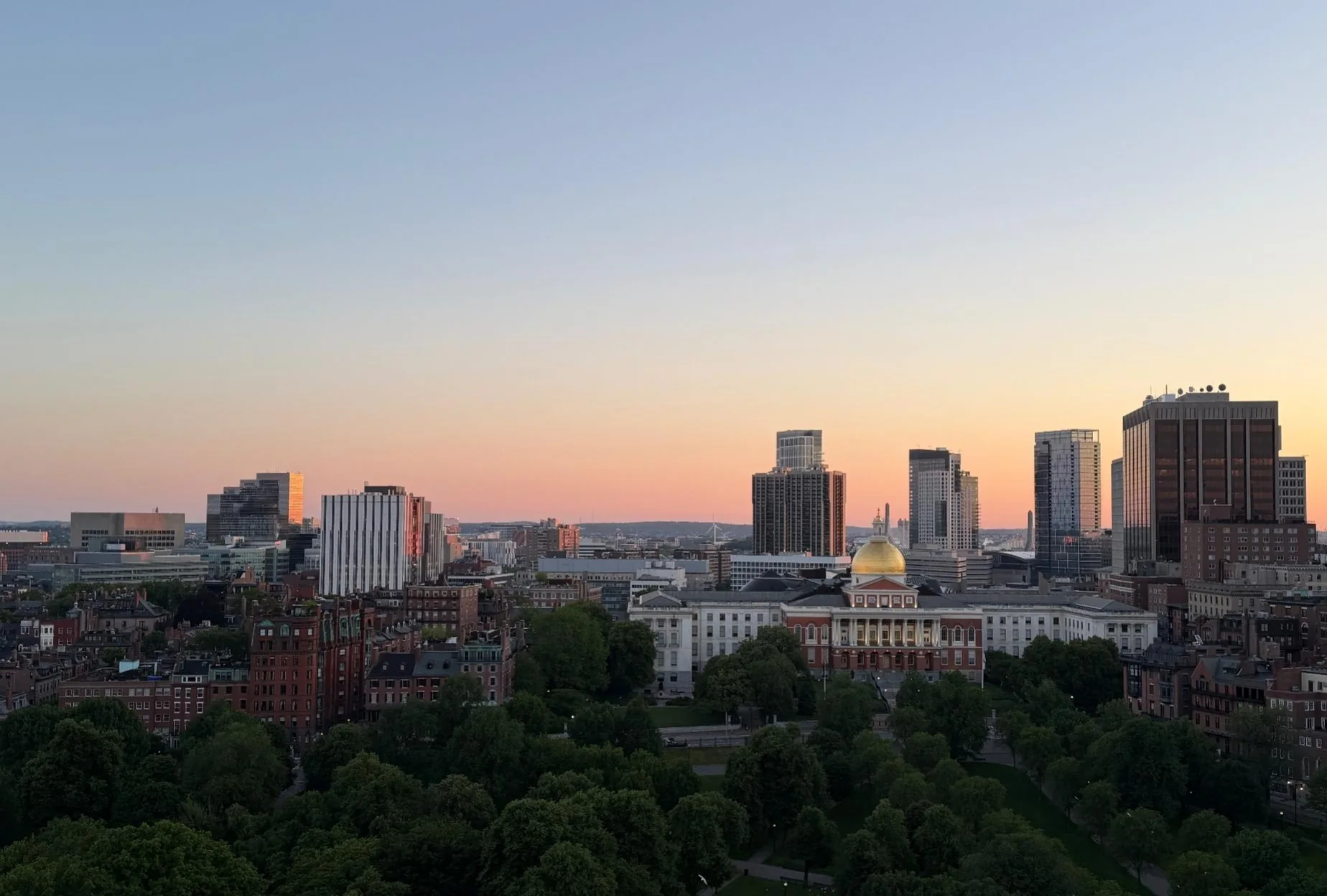 Boston skyline photograph: state house at dusk.